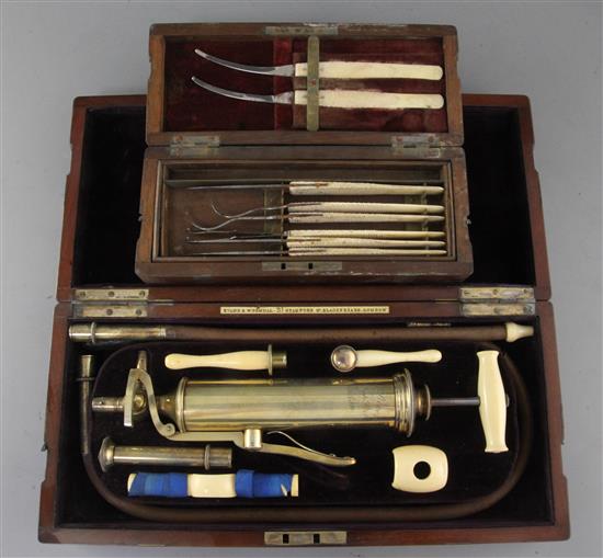 An Evans & Wormull ivory and brass medical pump, in original fitted case, 8.5in.